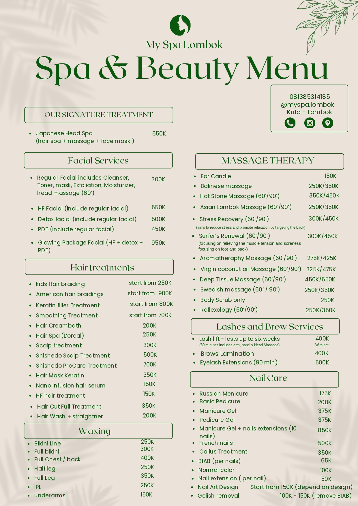 MY SPA LOMBOK service menu featuring massage, facial, body scrub, and beauty treatments with prices in Kuta Mandalika